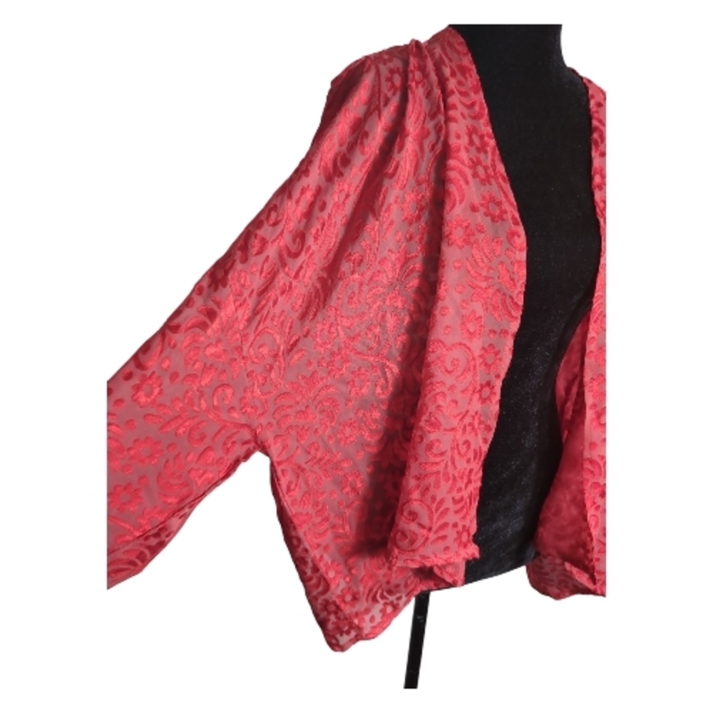 Vintage Small Red Velvet Burnout Kimono Shrug By CW Classics Cottage Lagenlook